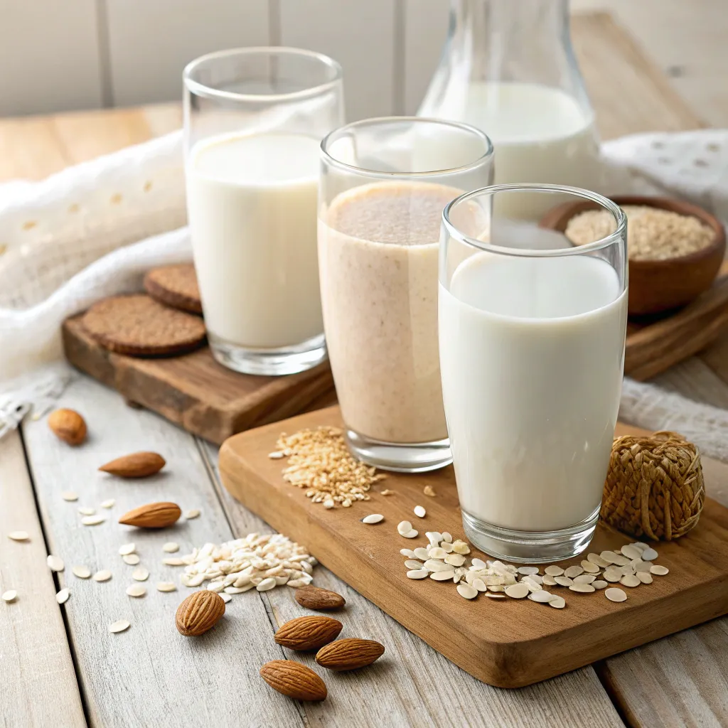 A serene image of different plant-based milk glasses
