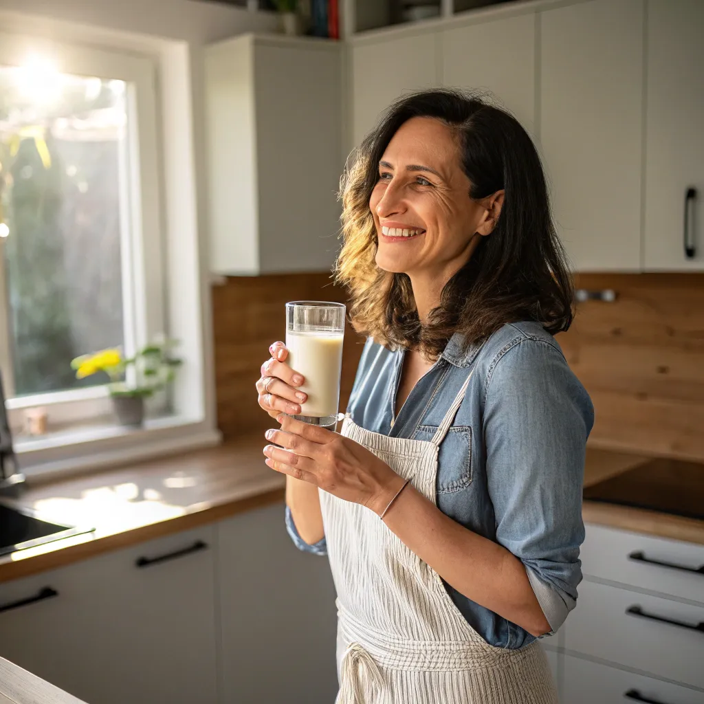 Smiling woman holding a glass of plant-based milk