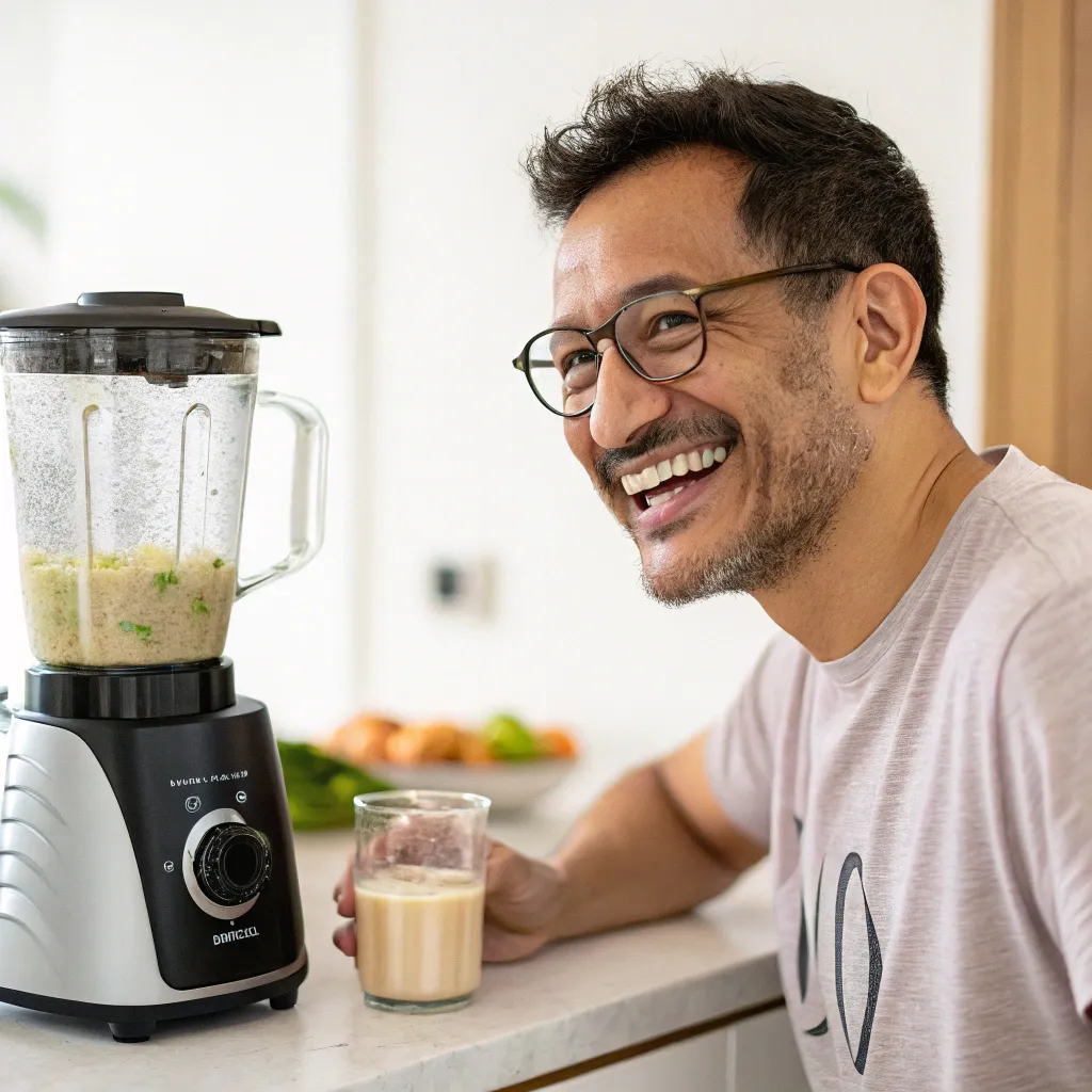 Man with glasses smiling next to a blender