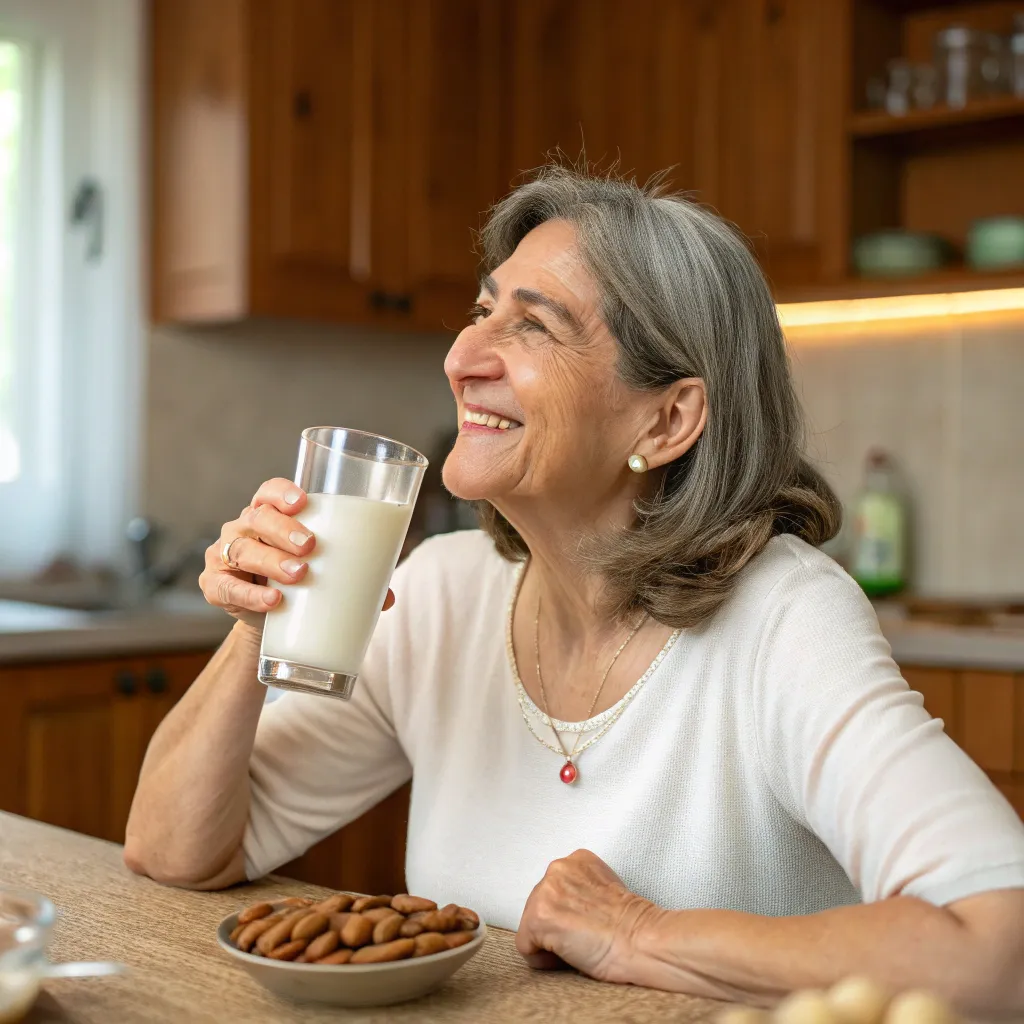 Senior woman enjoying a glass of homemade almond milk